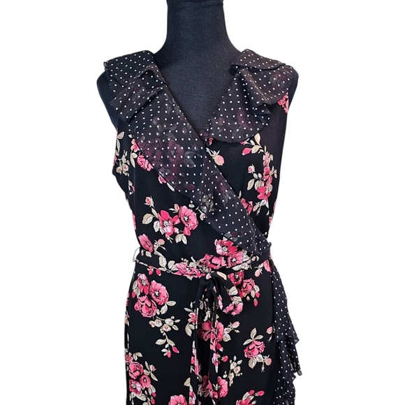 White House Black Market Sleeveless Faux Wrap Dress 8 Polka Dot Floral Trad Wife - Picture 6 of 14